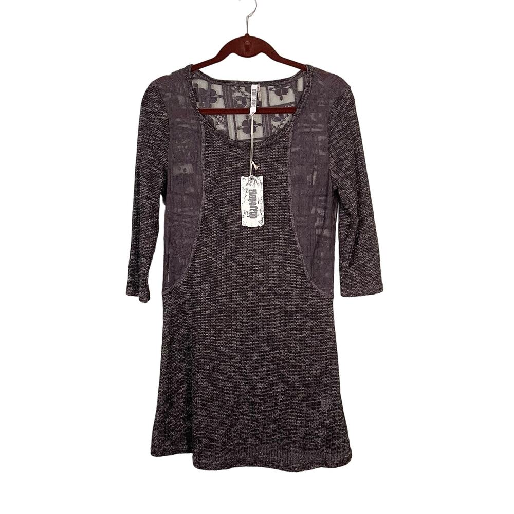 Monoreno Dress Womens Medium Gray Sweater Lace Sheer Scoop Neck Long Sleeve NWT